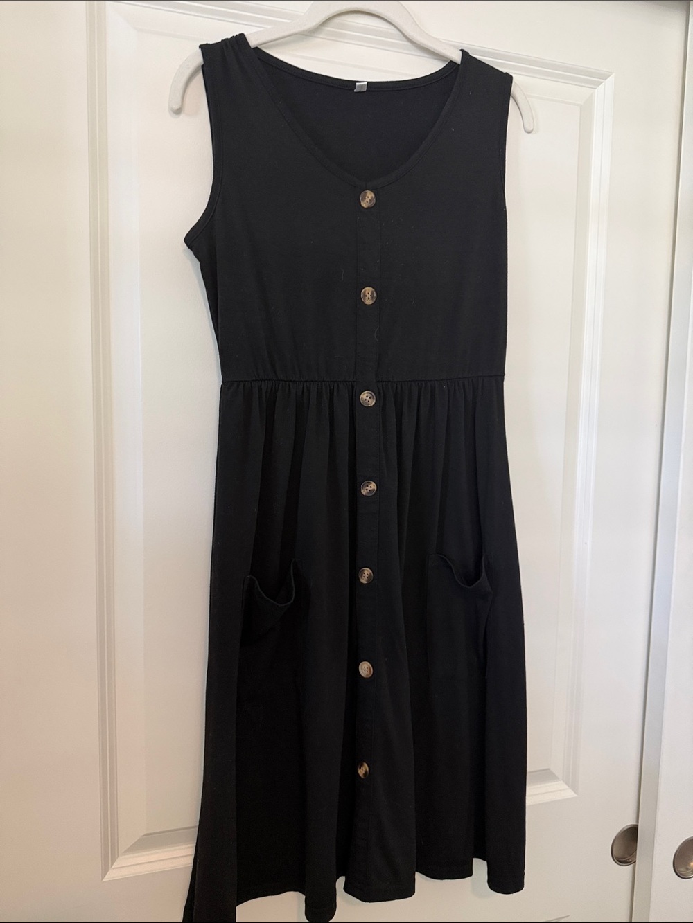 Sleeveless “Faux”Button-Front Black jersey Dress with Pockets